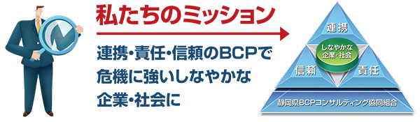 関係する企業群が連携するBCPの策定・運用を通じ地域の復元力を高め、安心・安全でしなやかな地域づくりに貢献します。また、BCPを危機対応力の強化にとどまらず平時の業績アップにつながることを目指します。私たちは、中小企業診断士・社会保険労務士・行政書士・ITコーディネータ・ISOコンサルタント等からなるBCP専門家集団です。 関係する企業群が連携するBCPの策定・運用を通じ地域の復元力を高め、安心・安全でしなやかな地域づくりに貢献します。また、BCPを危機対応力の強化にとどまらず平時の業績アップにつながることを目指します。私たちは、中小企業診断士・社会保険労務士・行政書士・ITコーディネータ・ISOコンサルタント等からなるBCP専門家集団です。